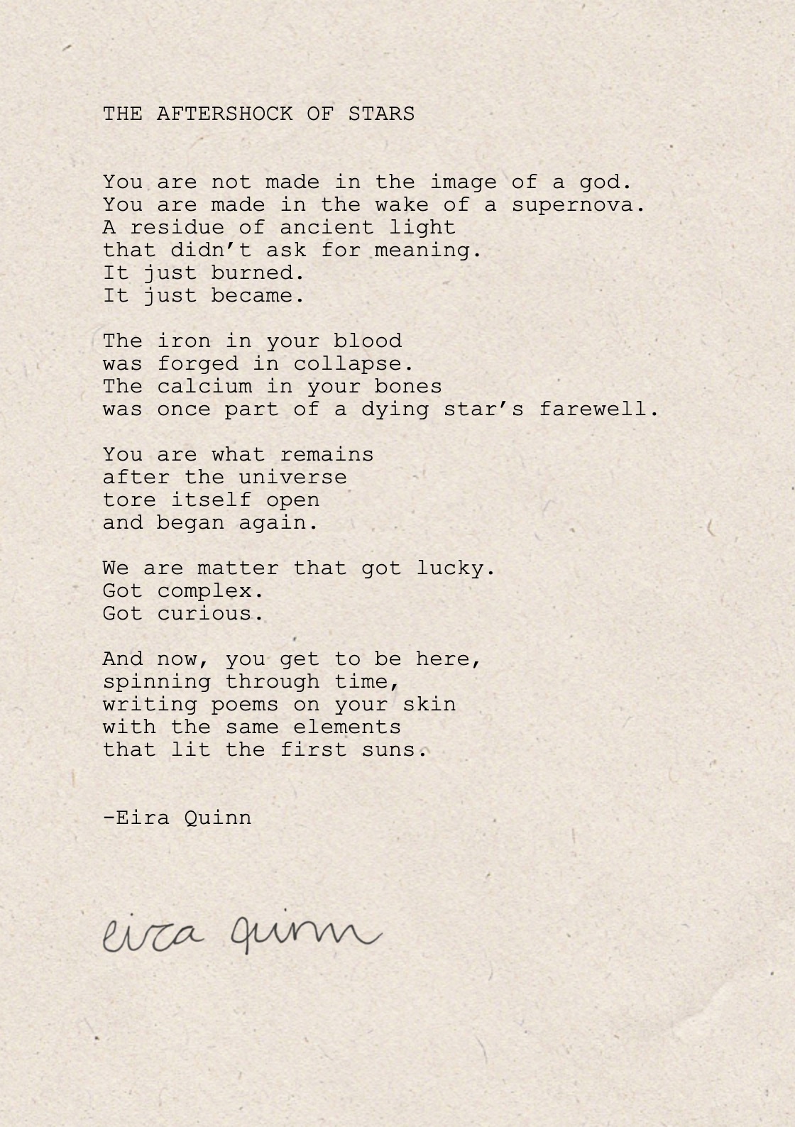Mockup of "The Aftershock of Stars" hand-typed on A5 handmade paper